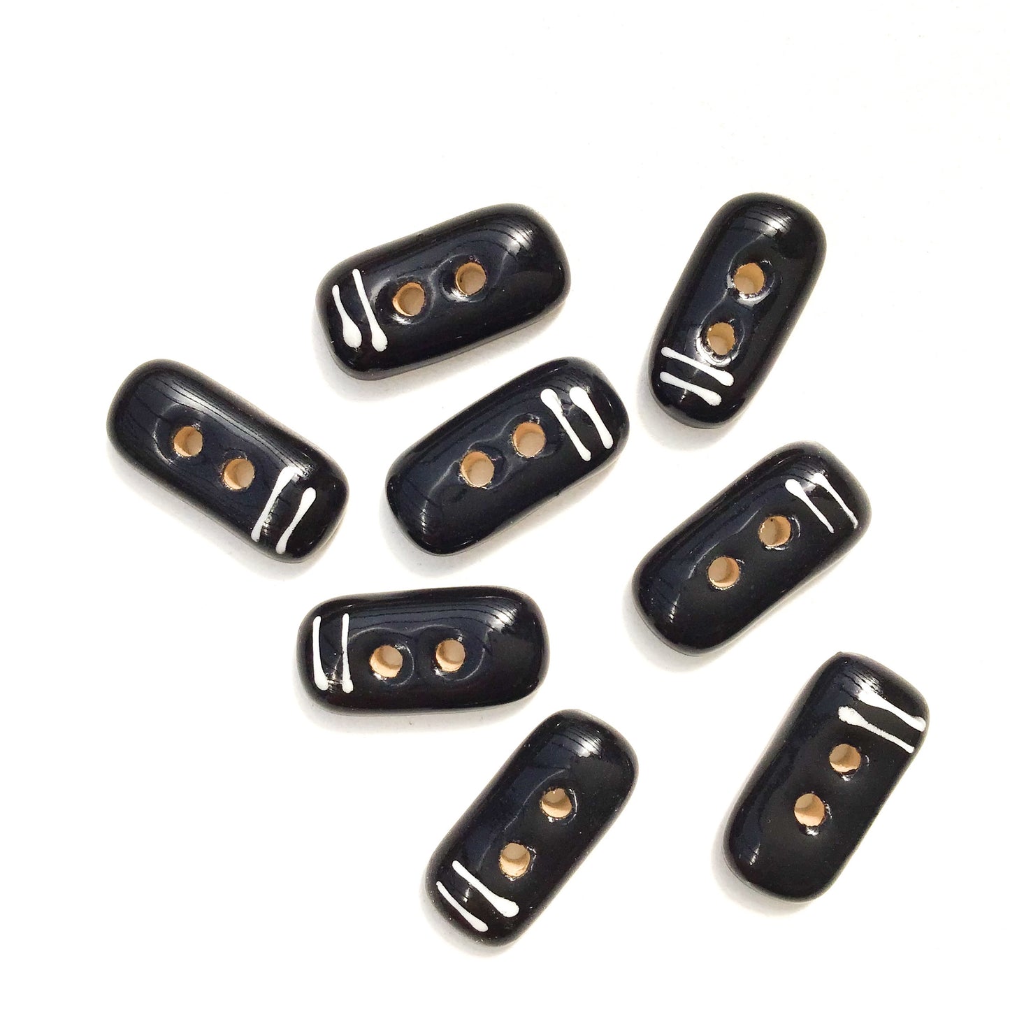 Rectangular Black Ceramic Buttons with White Lines - Black Clay Buttons - 3/8" x 3/4" - 8 Pack