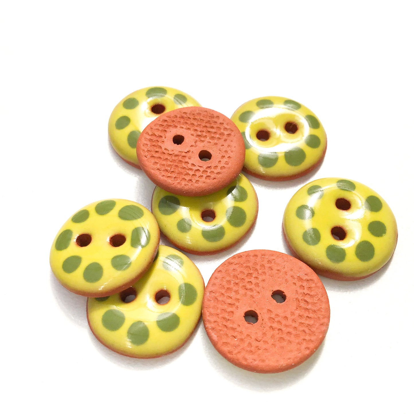 Chartreuse Cobblestone Ceramic Buttons with Olive Green Dots - Chartreuse Clay Buttons - 11/16" - 8 Pack