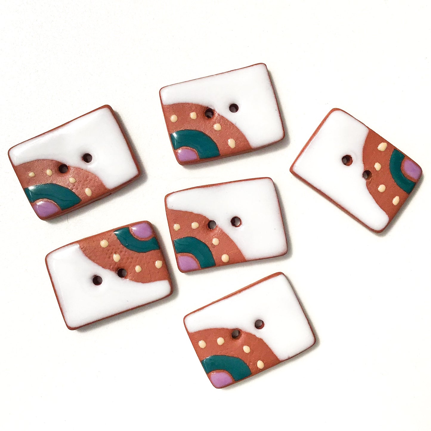 Decorative Rectangle Buttons in on Red Clay - White - Teal - Purple - 3/4" x 1 1/16"