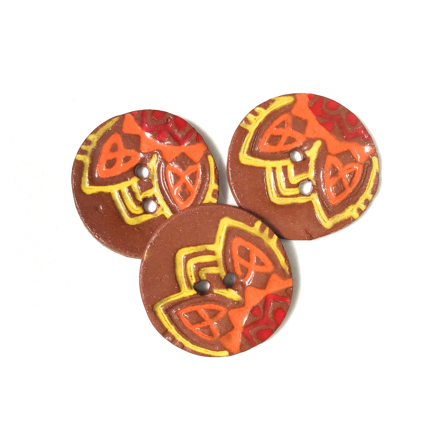 Vibrant 'Fiesta' Ceramic Buttons on Red Clay - 1 1/16" - 3 Pack