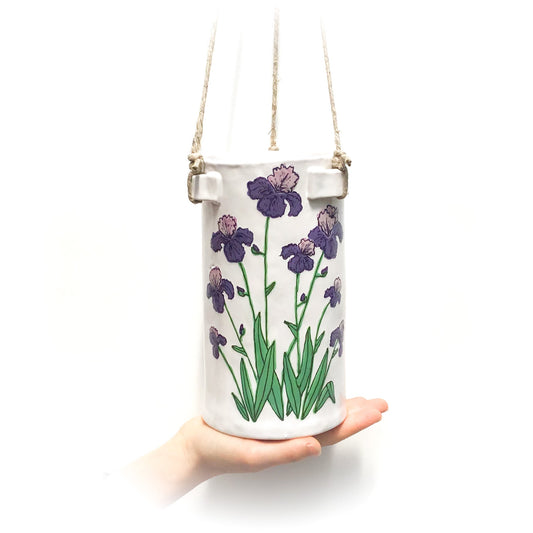 Flowering Purple Iris Hanging Ceramic Pot - Hanging Clay Flower Planter