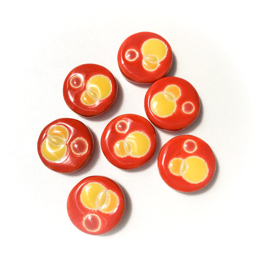 Round Handmade Clay Beads - Reds, Oranges, & Yellow Ceramic Beads - 7/8" x 1/4"