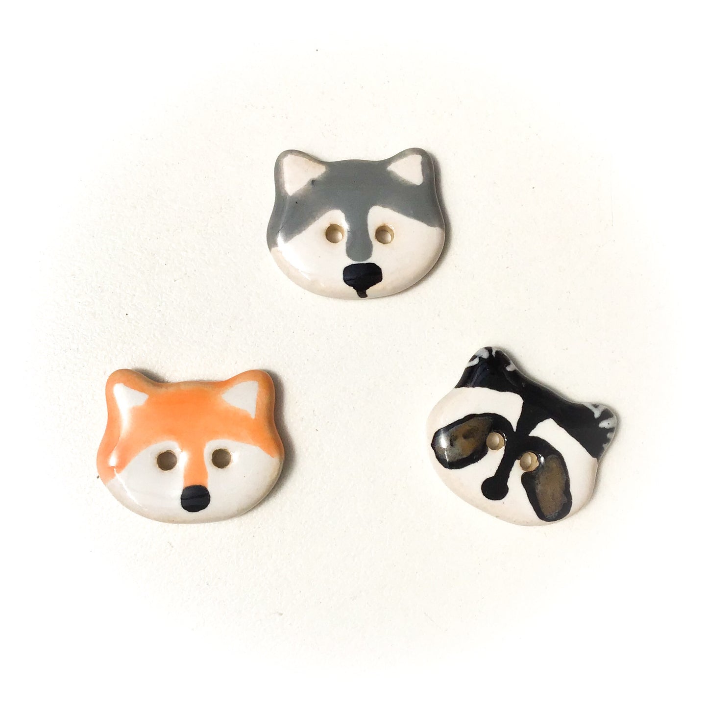 Ceramic Animal Buttons - Fox - Wolf - Raccoon - 3/4"