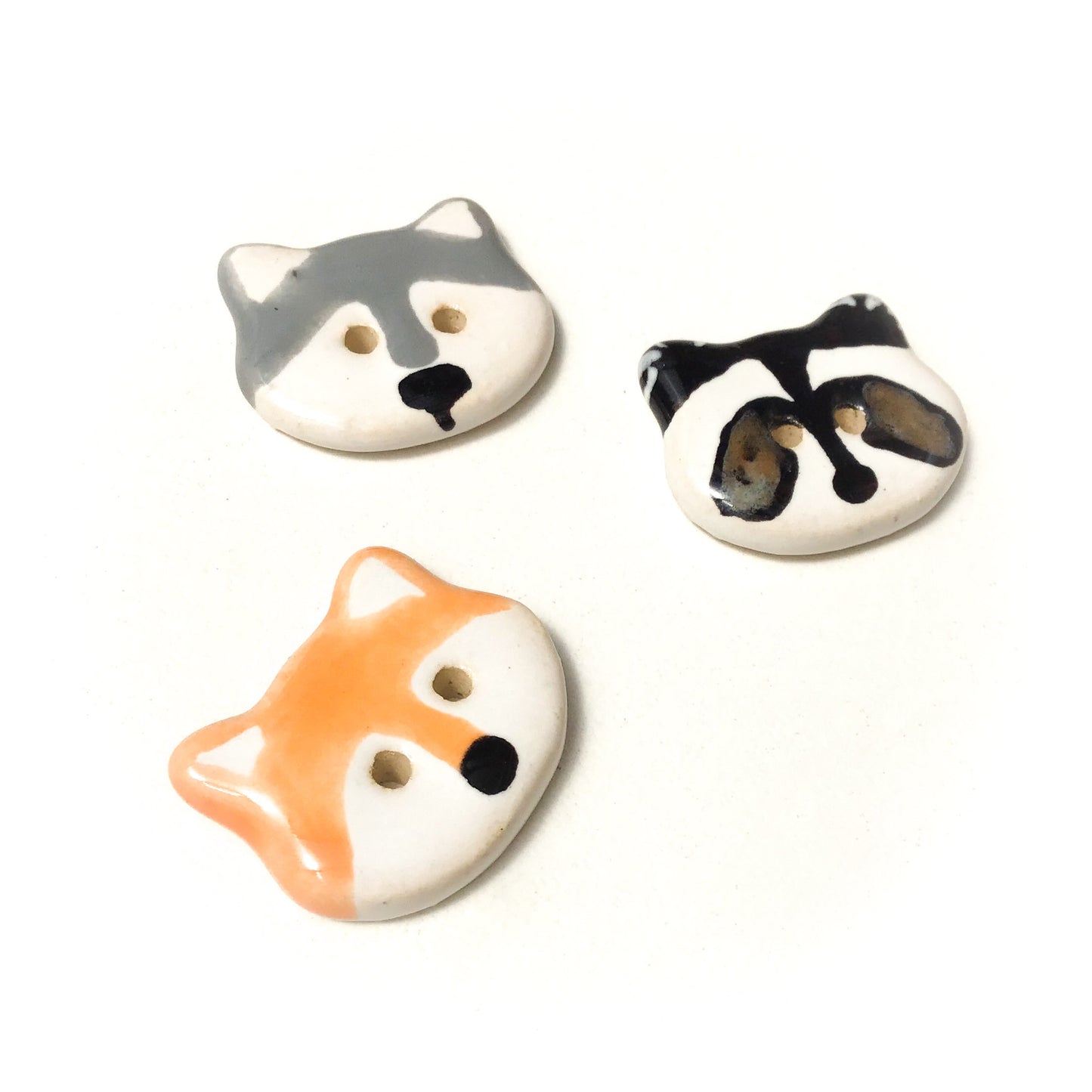 Ceramic Animal Buttons - Fox - Wolf - Raccoon - 3/4"