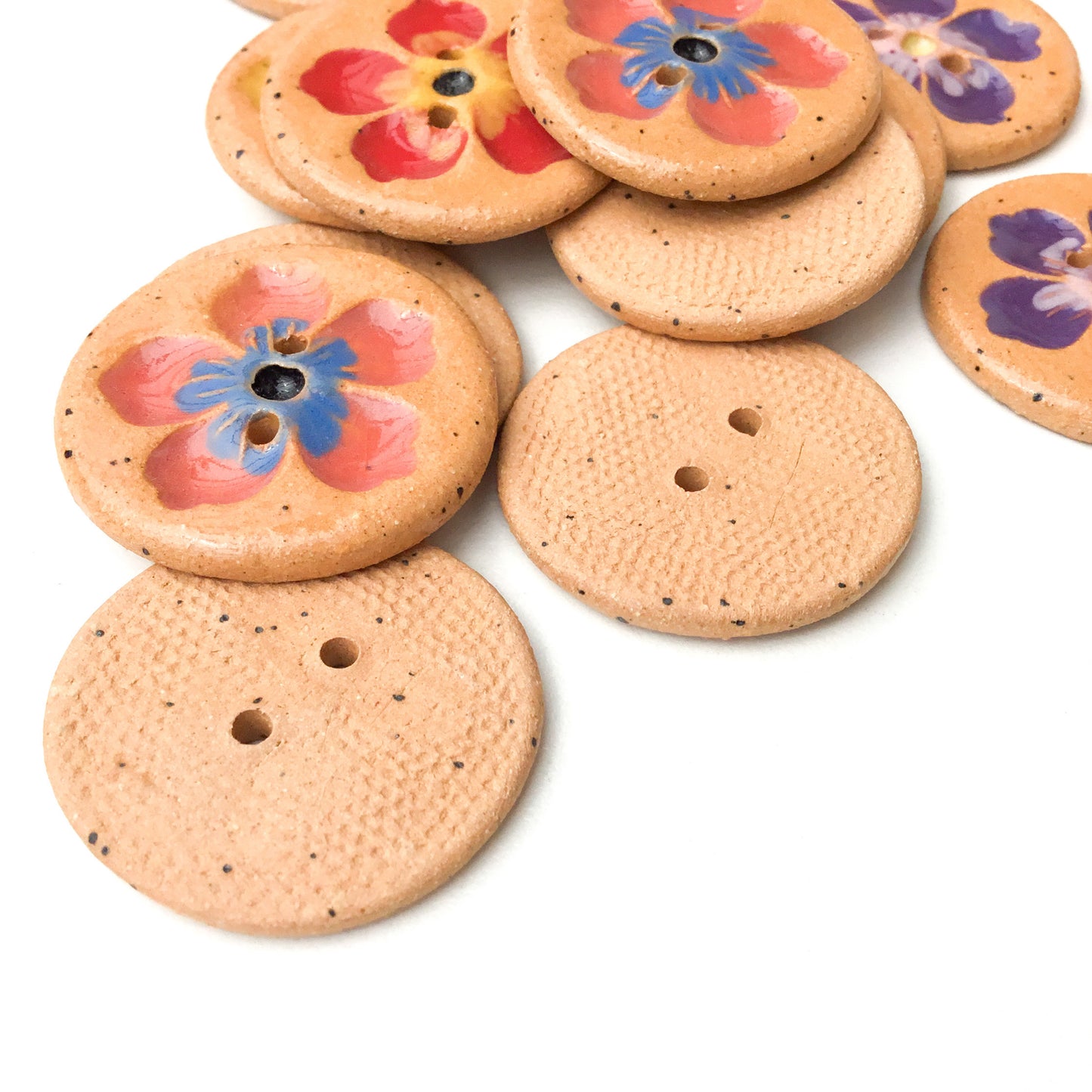 Hawaiian Petals Button - Mixed Colors on Brown Clay - 1 1/16"