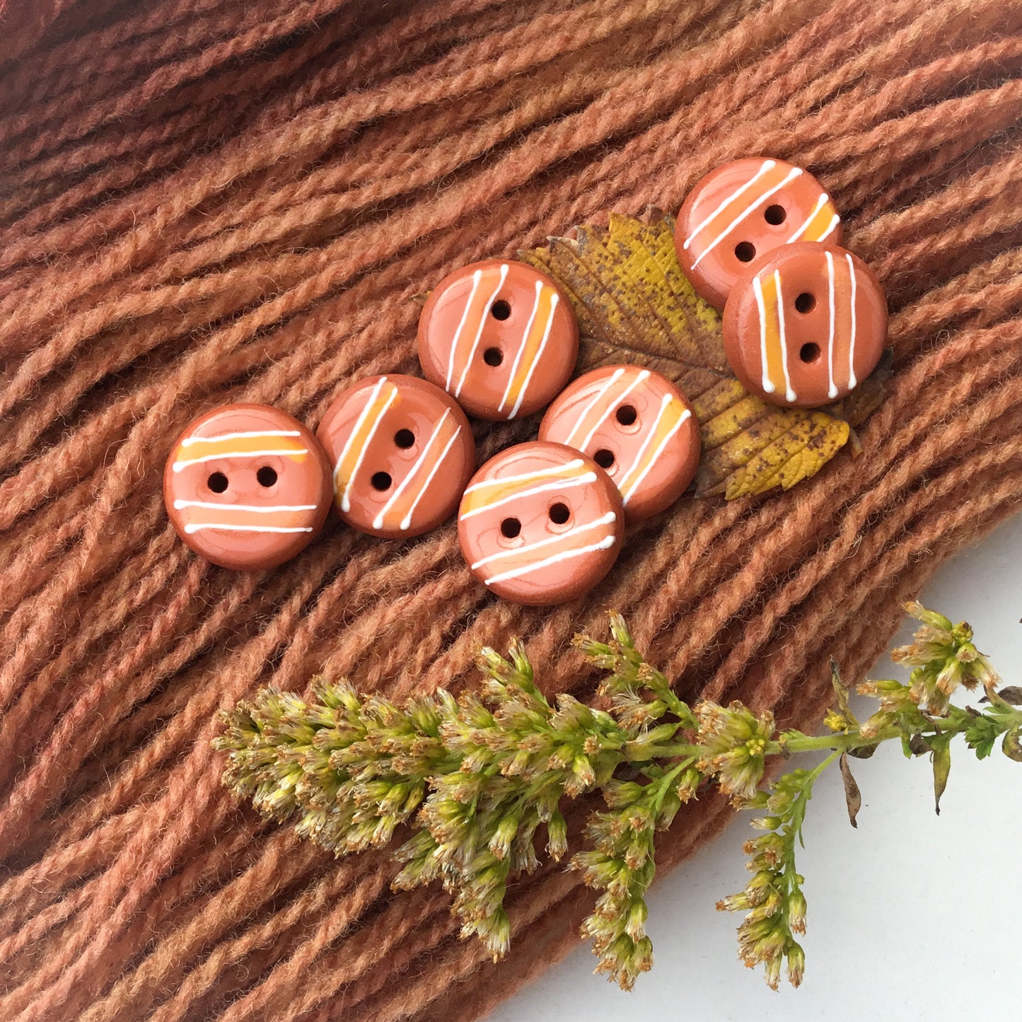 Striped Copper Brown Ceramic Buttons - Red Clay Buttons - 11/16" - 7 Pack