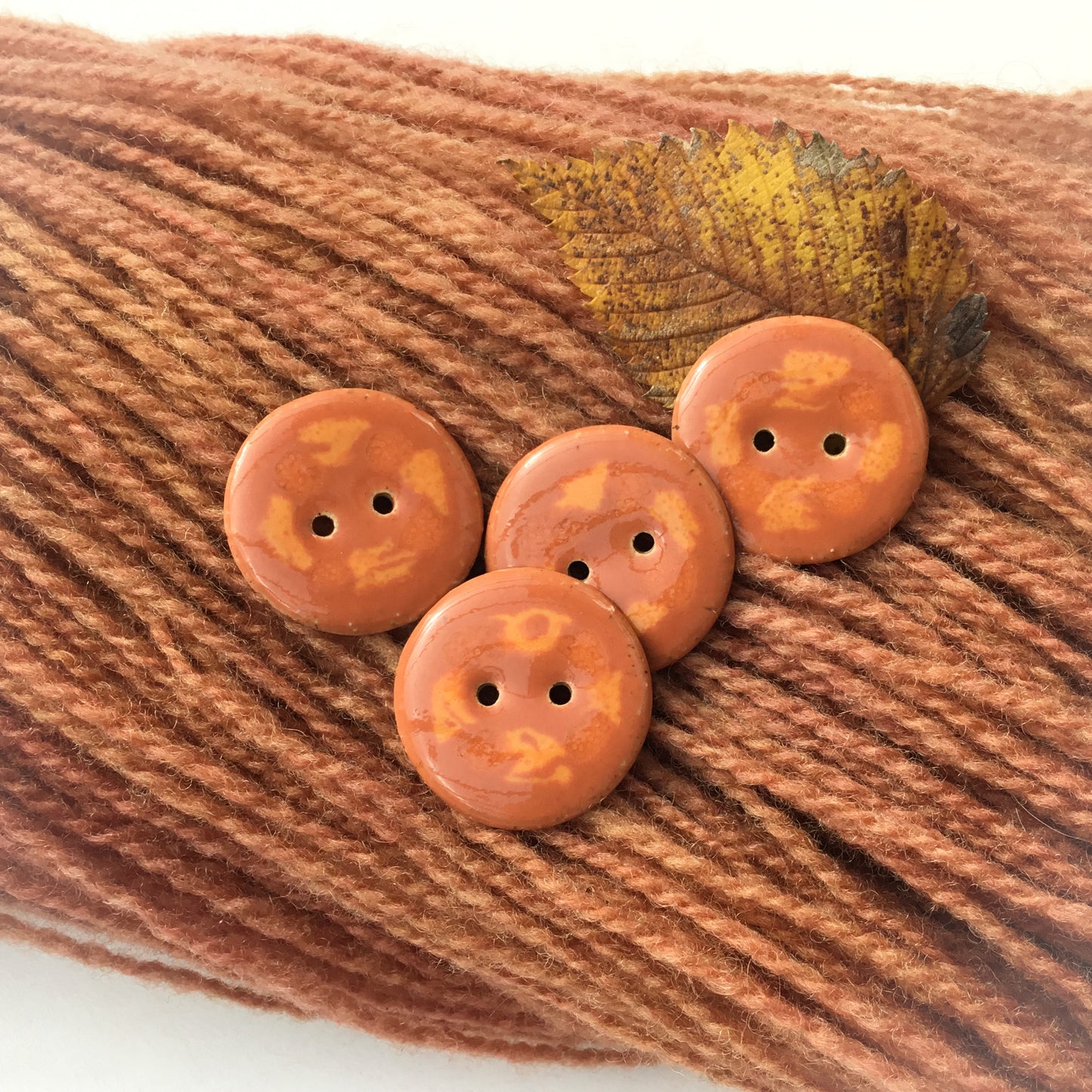 Copper Brown Stoneware Buttons with Orange Design - 1 1/16" - 4 Pack