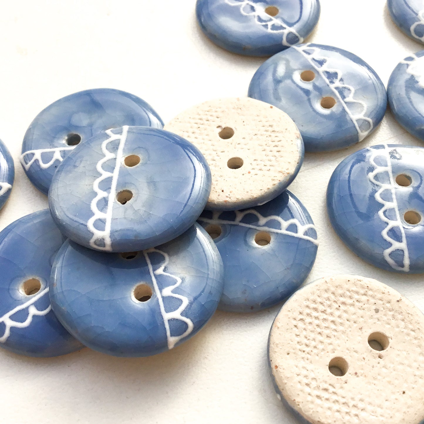 Cloudy Blues & Lace Ceramic Buttons - 7/8"