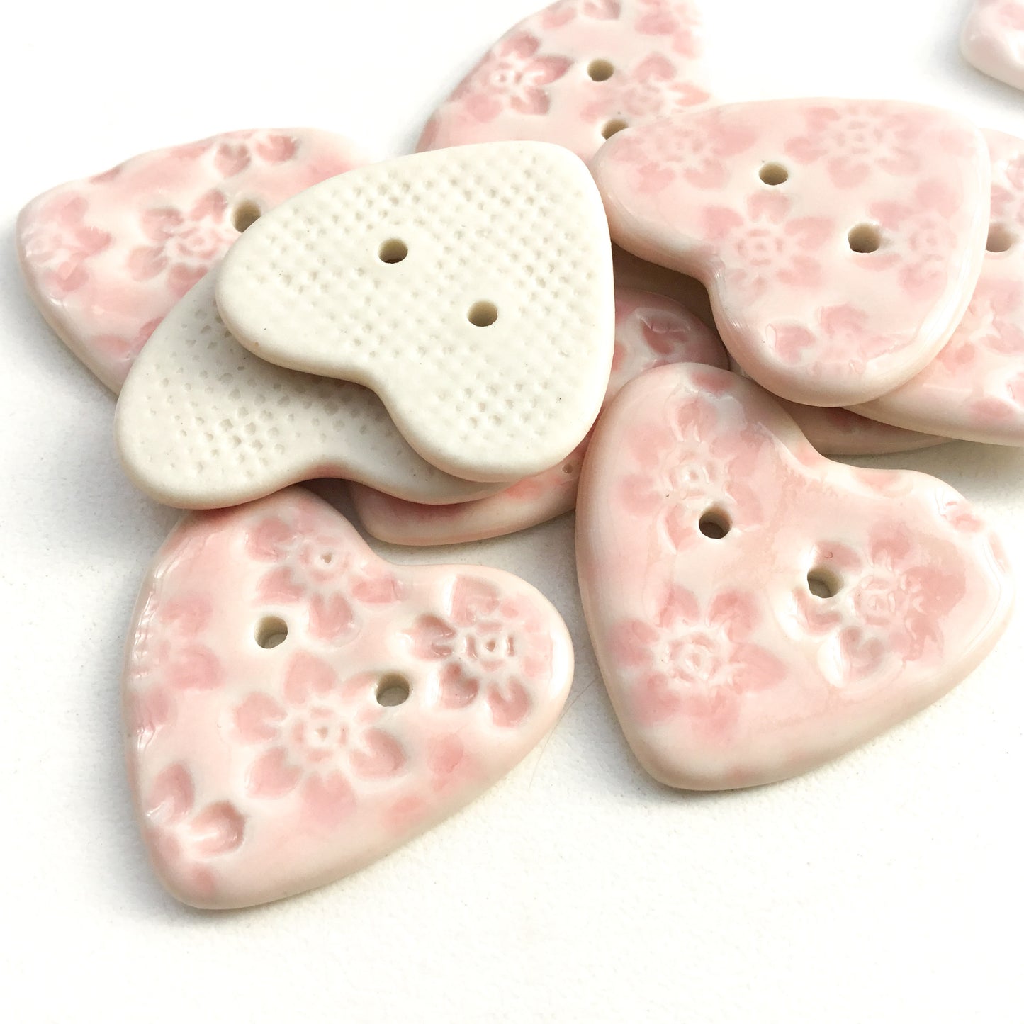 Floral Hearts Pink Porcelain Buttons - 1-1/8" x 1-1/16"